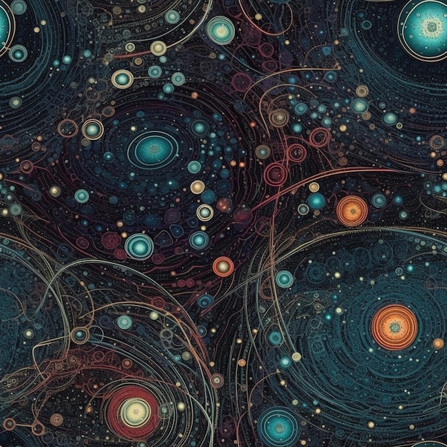 Una stampa d'arte digitale di un universo colorato con cerchi e stelle.