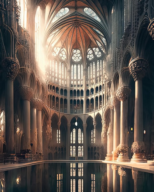 Una stampa d'arte digitale di una chiesa con una grande piscina e una grande cupola.