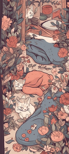 Una stampa floreale di un gatto che dorme su un divano con sopra un gatto.