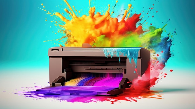 Una stampante con schizzi di colore per l'ufficio o la fotocopiatrice professionale