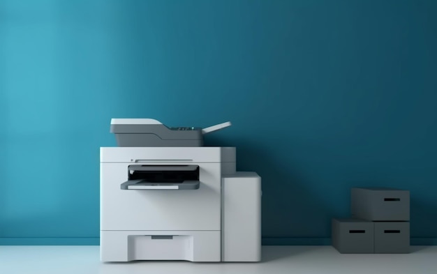 Una stampante in una stanza con una parete blu dietro.