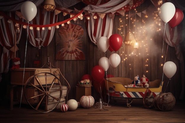 Una stanza a tema circense con una tenda a strisce bianche e rosse e un palloncino bianco e rosso.