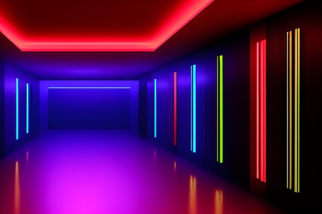 Una stanza al neon con luci al neon e un muro nero