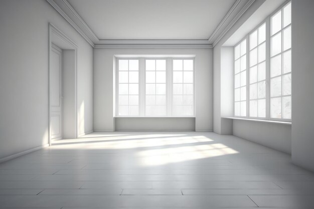 Una stanza bianca con una grande finestra e un pavimento bianco.