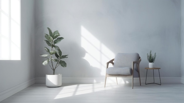 Una stanza bianca con una pianta dentro e una sedia nell'angolo.