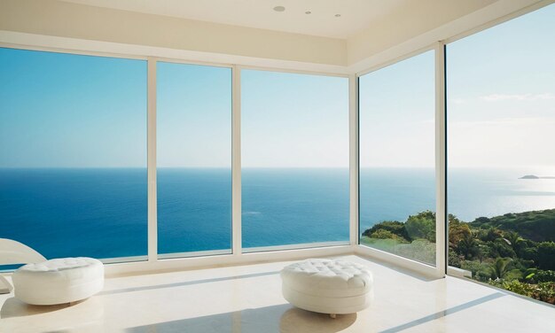 Una stanza bianca vuota con grandi finestre con vista sul mare