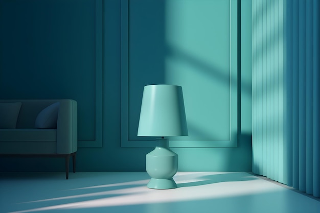 Una stanza blu con una lampada e una sedia nell'angolo.