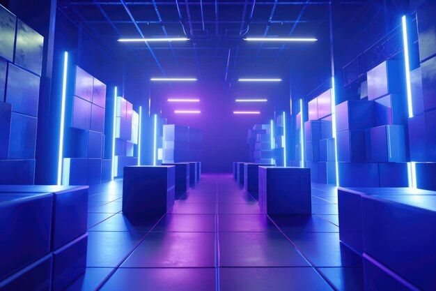 Una stanza blu e viola con luci luminose che brillano sulle pareti la stanza era piena di molte scatole