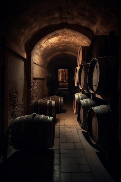 Una stanza buia con botti di vino dentro