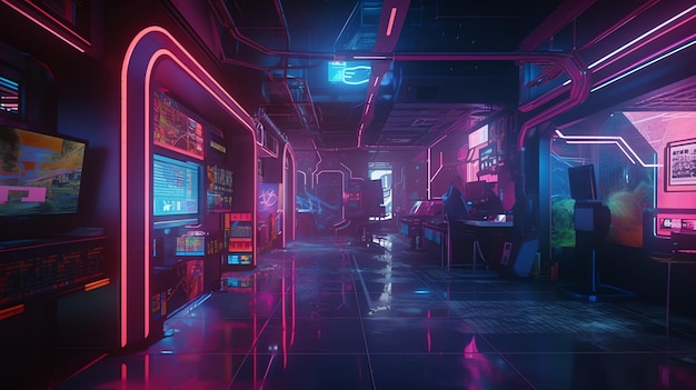 Una stanza buia con luci al neon e un cartello che dice "cyberpunk"