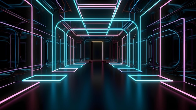 Una stanza buia con luci al neon e una porta
