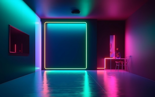 Una stanza buia con luci al neon e uno specchio sul muro.