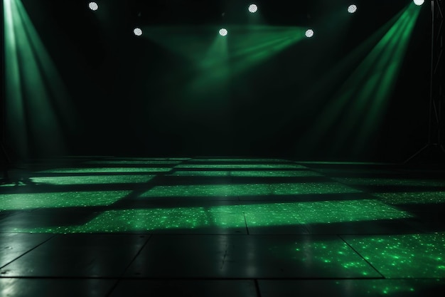 Una stanza buia con luci verdi e un pavimento a scacchi IA generativa