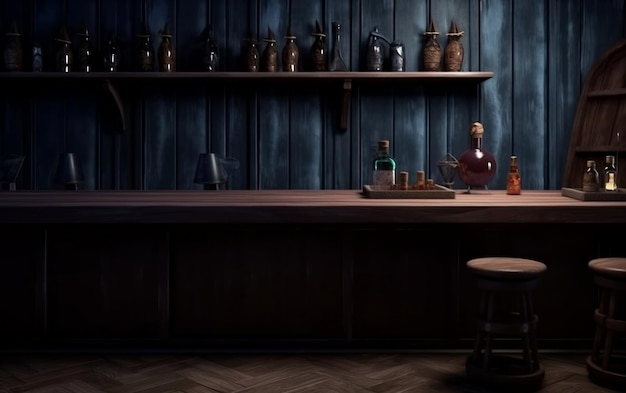 Una stanza buia con un bar con bottiglie di alcolici sugli scaffali