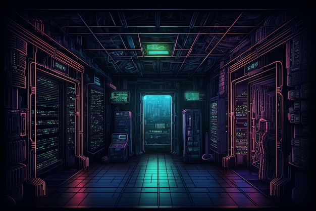 Una stanza buia con un'insegna al neon che dice "cyberpunk"