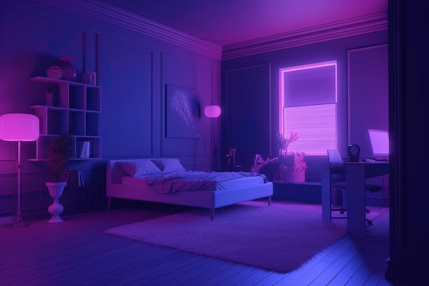 Una stanza buia con un letto e una scrivania con sopra una lampada che dice "dormi".