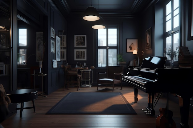 Una stanza buia con un pianoforte e una lampada sul muro.