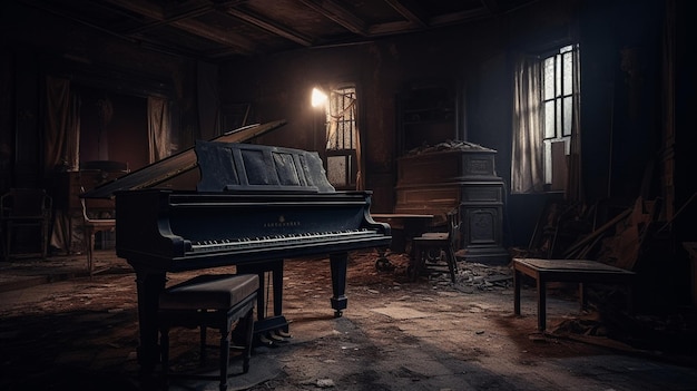 Una stanza buia con un pianoforte nell'angolo e una luce che entra dalla finestra.