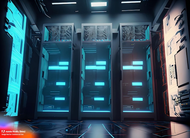 Una stanza buia con una fila di rack per server con luci blu