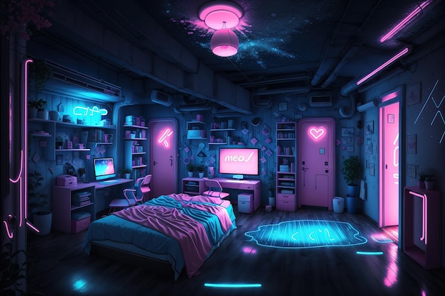 Una stanza buia con una luce al neon rosa e blu che dice "cyberpunk"