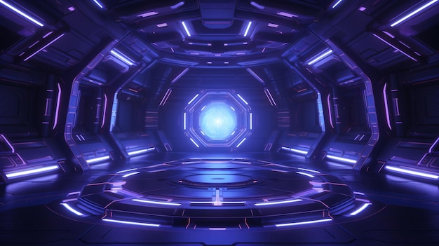 una stanza buia con una luce blu e uno sfondo viola rendering 3D di sfondo sci-fi stretch con