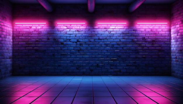 una stanza buia con una parete illuminata con una parete al neon blu e rosa illuminata