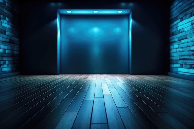 Una stanza buia con una porta blu e luci sul muro IA generativa