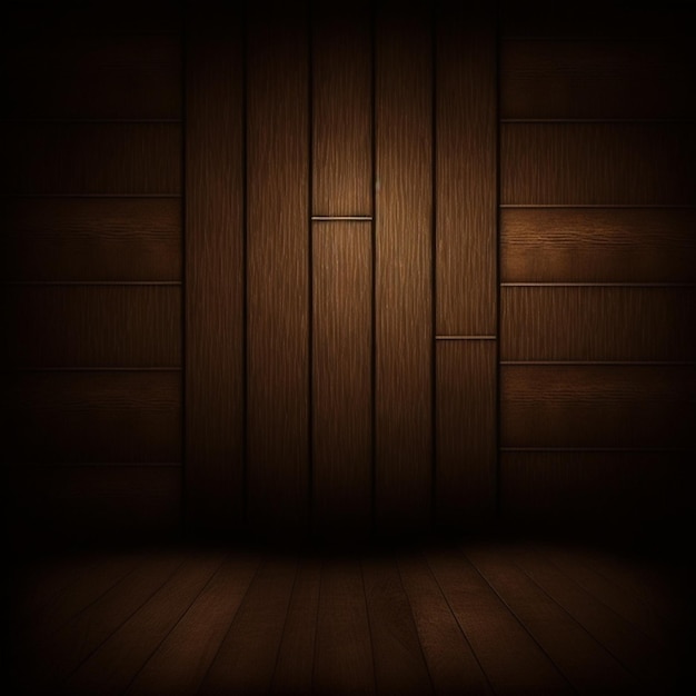 Una stanza buia con una porta di legno e una luce sul muro.
