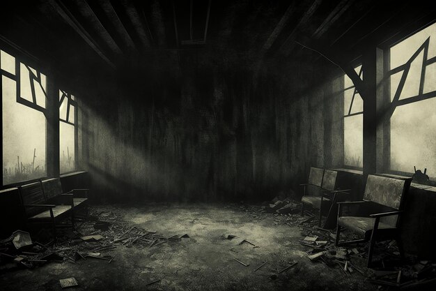 Una stanza buia con una sedia e una finestra con su scritto "no".