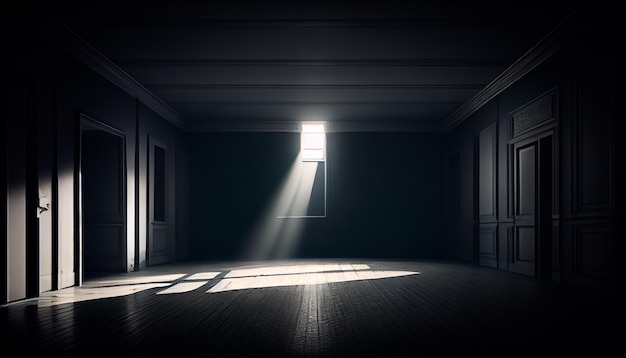 Una stanza buia e vuota con la luce che cade dall'alto AI generativa