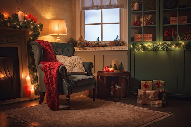 Una stanza calda e accogliente con decorazioni festive e un bordo natalizio