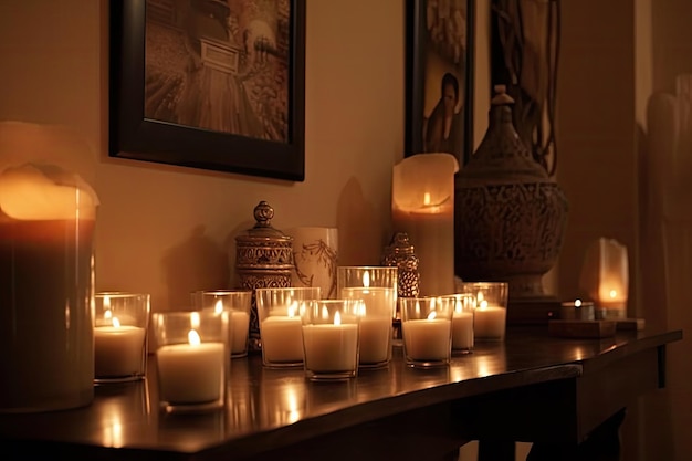 Una stanza calda e accogliente con il profumo di candele aromatiche e luminose