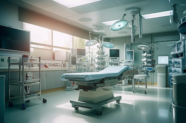 Una stanza che mostra attrezzature mediche in una luminosa sala operatoria di un ospedale con IA generativa