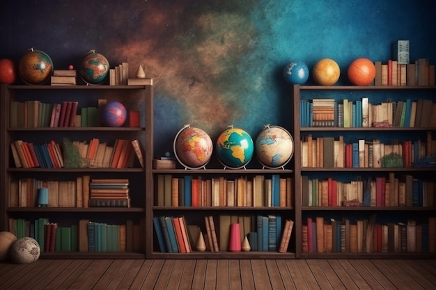Una stanza colorata con librerie e un mappamondo sullo scaffale.