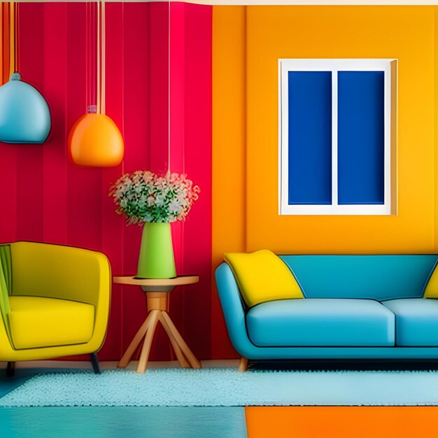 Una stanza colorata con un divano e un vaso di fiori su un tavolo.