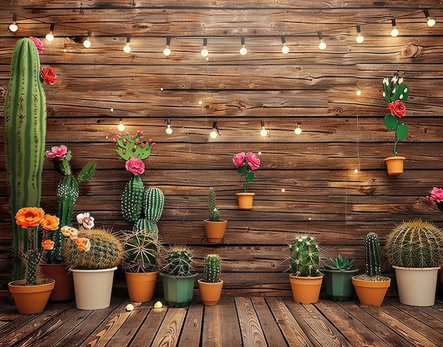 una stanza con cactus cactus e fiori su uno sfondo di legno