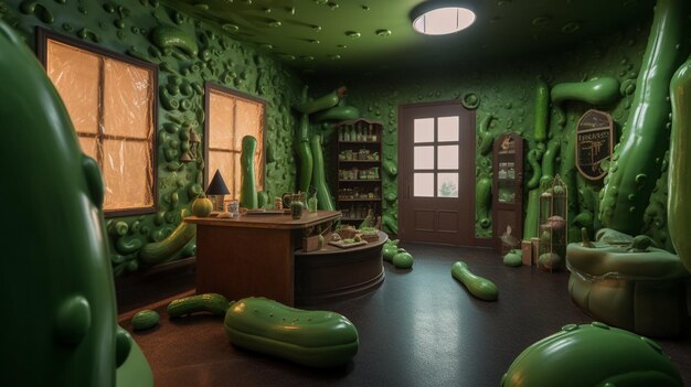 Una stanza con cuscini verdi e una parete verde con scritto "cetriolo".