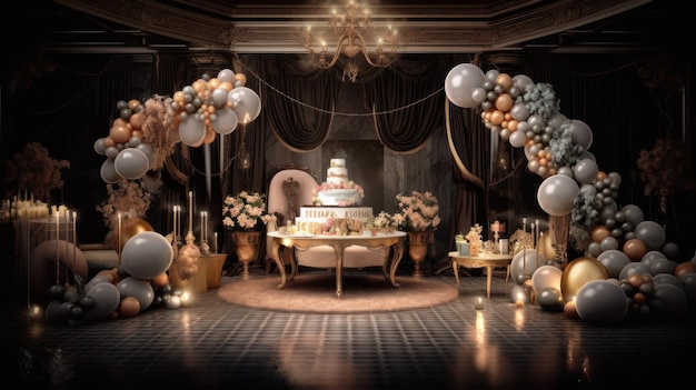 Una stanza con dei palloncini e una torta sopra
