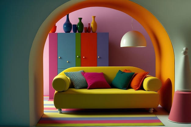 Una stanza con disposizione dei mobili a colori e archi in una stanza che mostra l'interno in tonalità vivaci