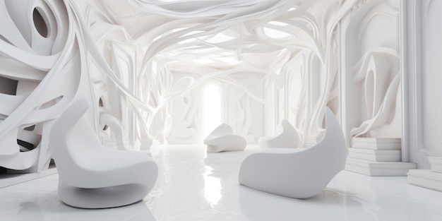 Una stanza con le pareti bianche e il soffitto con una tenda bianca e una grande sedia bianca.