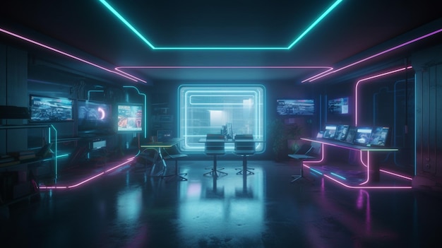 Una stanza con luci al neon e una sala giochi.
