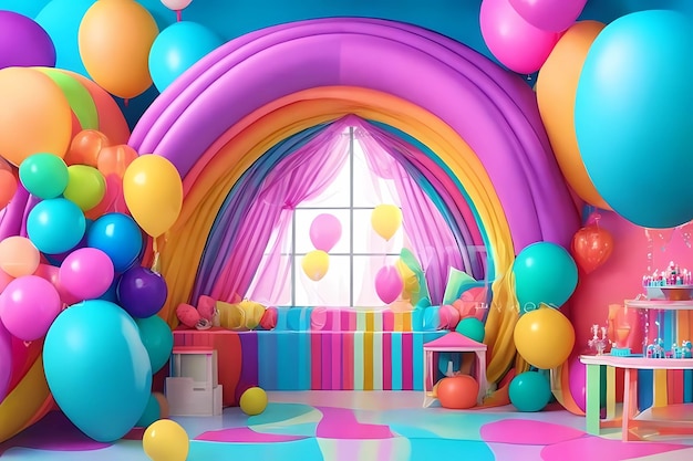 una stanza con palloncini e un arcobaleno sul muro