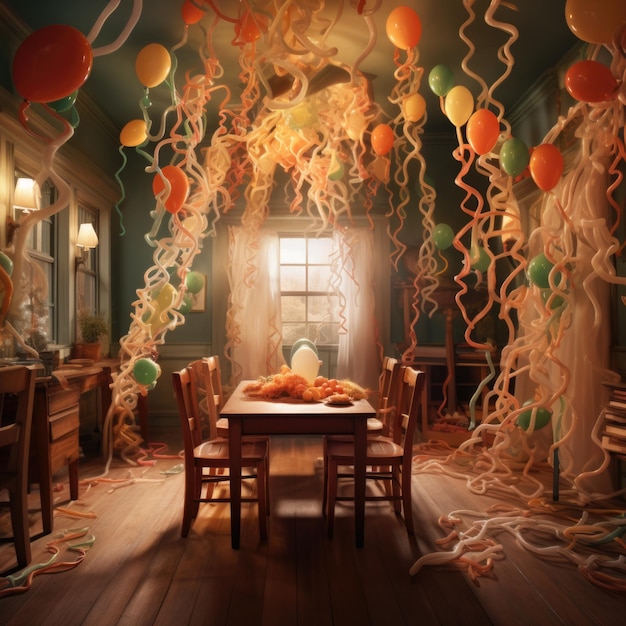 Una stanza con palloncini e un tavolo ai