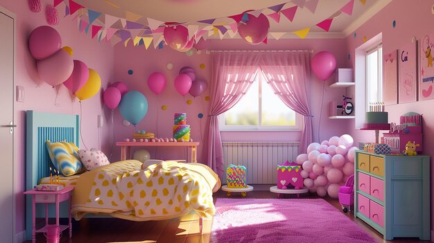 una stanza con palloncini e una festa di compleanno con una parete rosa e una finestra con la parola compleanno su di essa