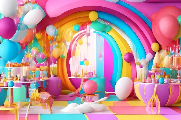 una stanza con palloncini e una torta con un arcobaleno in cima.