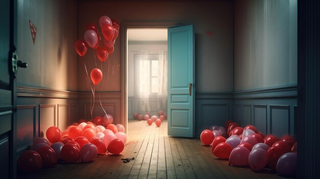 Una stanza con palloncini rossi sul pavimento e una porta blu che dice "non ho paura di te"