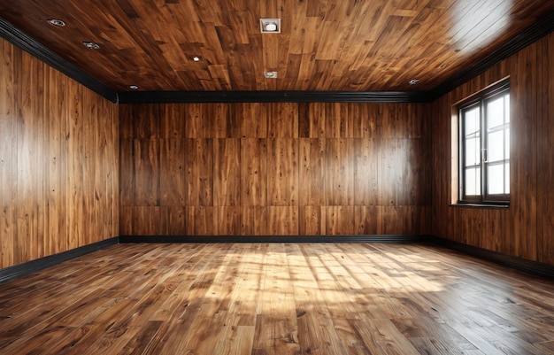 una stanza con pareti di legno e una finestra