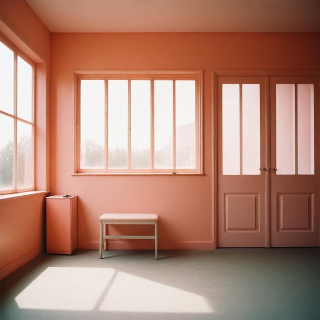 una stanza con pareti di pesca e una panchina e una finestra con il sole che splende attraverso