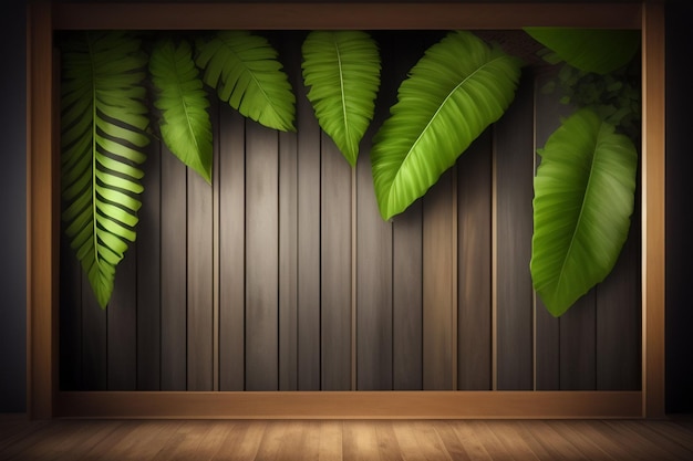 Una stanza con pavimento in legno e foglie verdi.