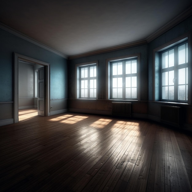 una stanza con pavimento in legno e una grande finestra con il sole che splende attraverso le finestre.